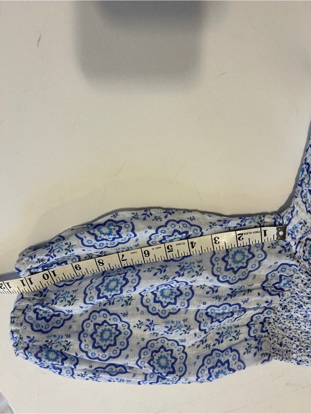 Temptation Positano Blue & White 100% Linen Smocked Puff Sleeve Crop Top Women’s - Picture 4 of 10
